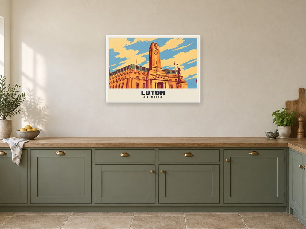 Luton Town Hall Poster at A1, in a white frame, in a kitchen