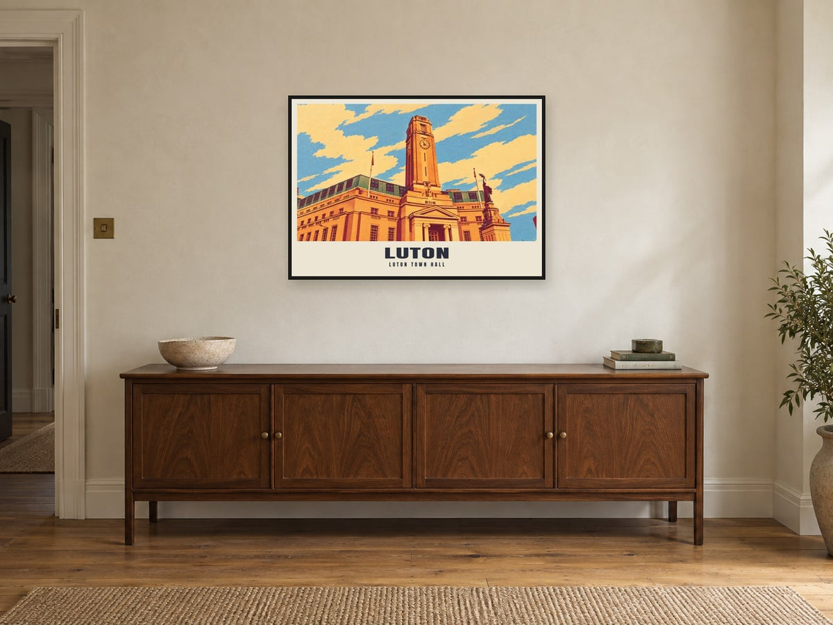 Luton Town Hall Poster at A1, in a black frame, above a sideboard