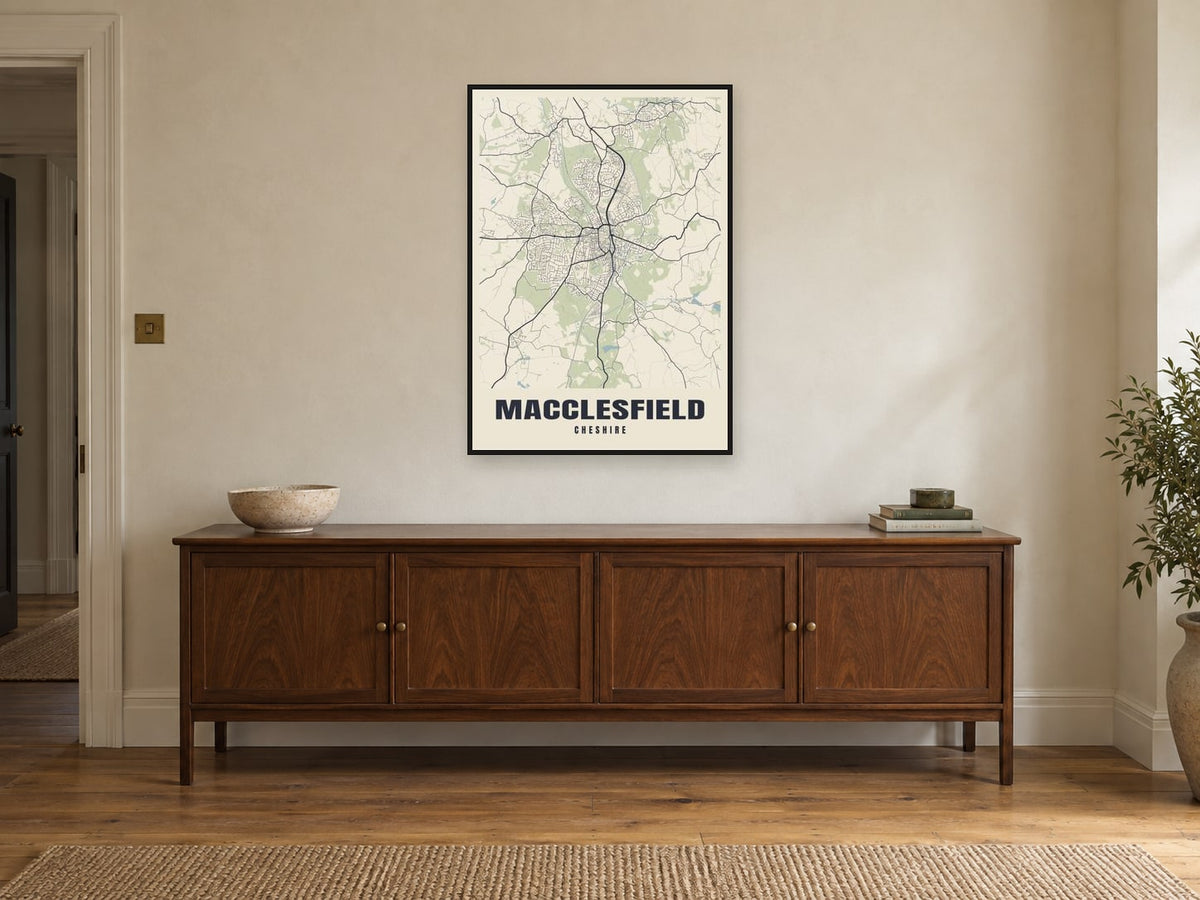 Macclesfield Street Map Poster at A1, in a black frame, above a sideboard