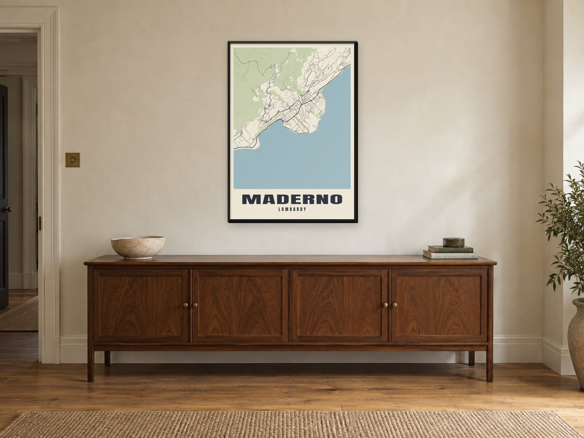 Maderno Street Map Poster at A1, in a black frame, above a sideboard