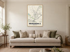 Maghull Street Map Poster at A1, in a natural wood frame, in a sitting room