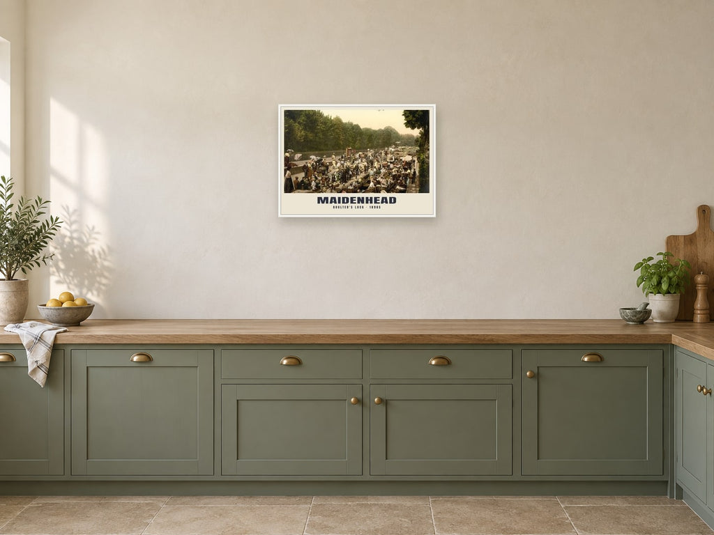 Boulter's Lock, Maidenhead, 1890s Heritage Print at A2, in a white frame, in a kitchen