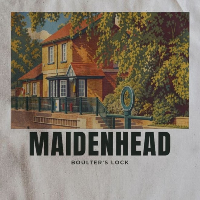 Close-up of the Boulter's Lock, Maidenhead drawing and lettering printed on natural cotton