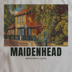 Close-up of the Boulter's Lock, Maidenhead drawing and lettering printed on natural cotton