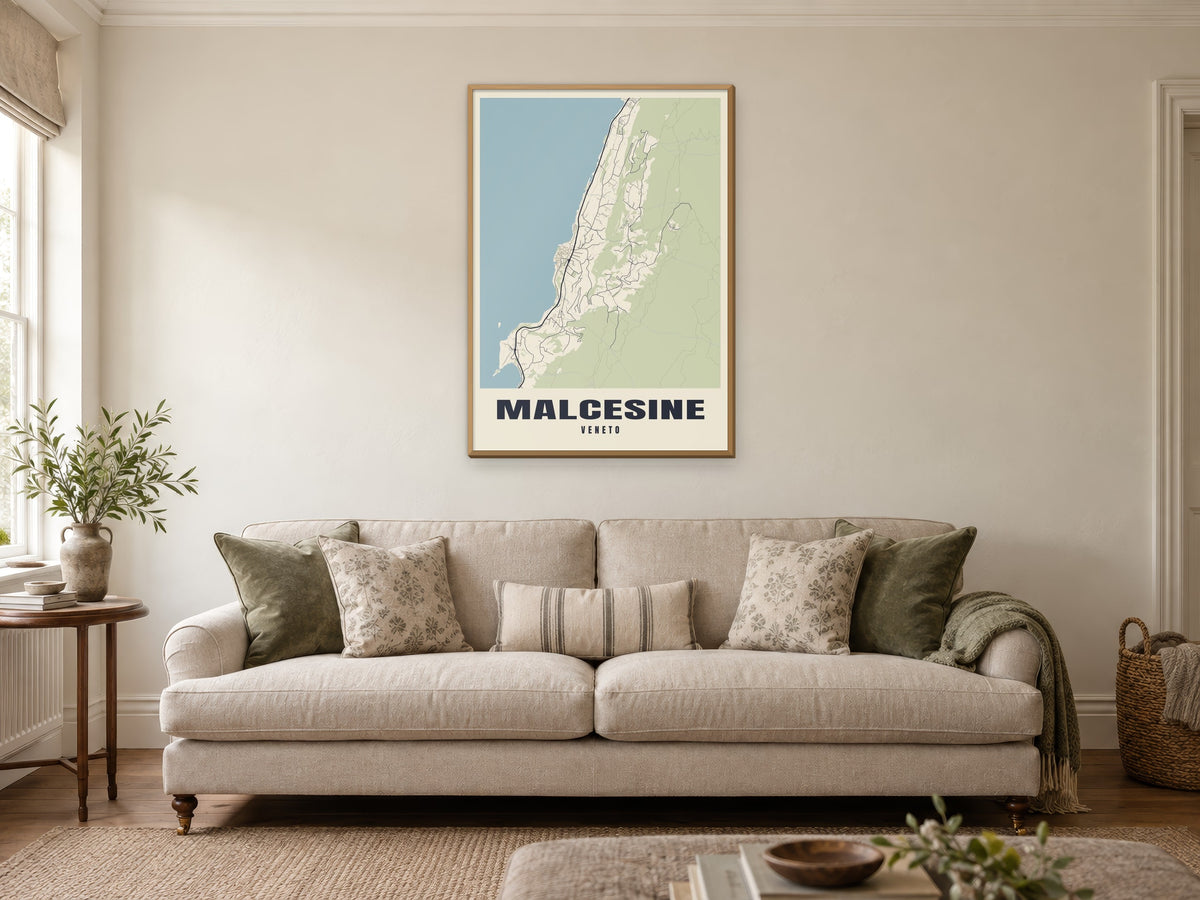 Malcesine Street Map Poster at A1, in a natural wood frame, in a sitting room