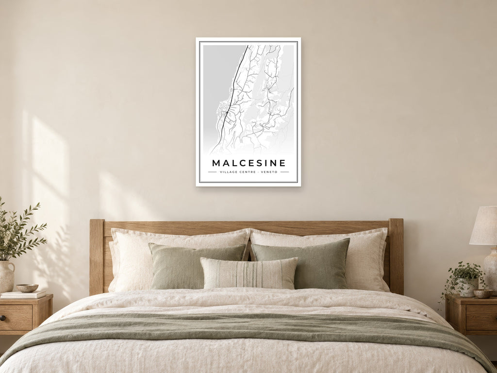 Malcesine Village Centre Street Map Poster at A1, as a poster, above a bed