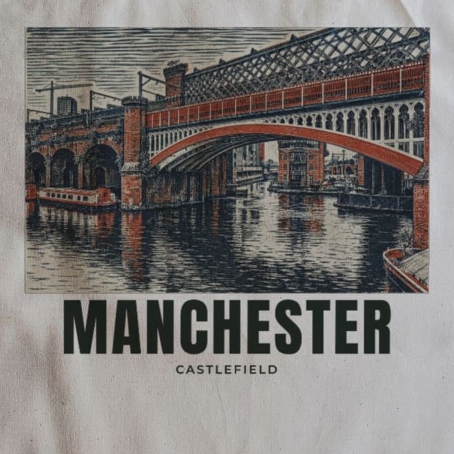 Close-up of the Castlefield, Manchester drawing and lettering printed on natural cotton
