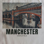 Close-up of the Castlefield, Manchester drawing and lettering printed on natural cotton