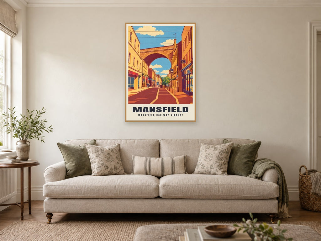 Mansfield Railway Viaduct Poster at A1, in a natural wood frame, in a sitting room