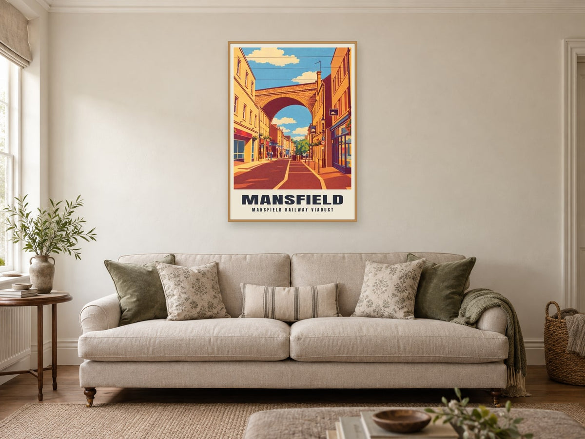 Mansfield Railway Viaduct Poster at A1, in a natural wood frame, in a sitting room