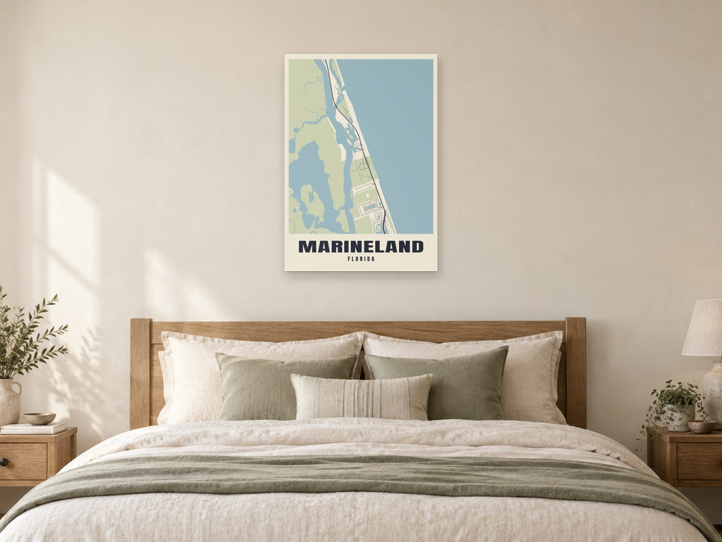 Marineland Street Map Poster at A1, as a poster, above a bed