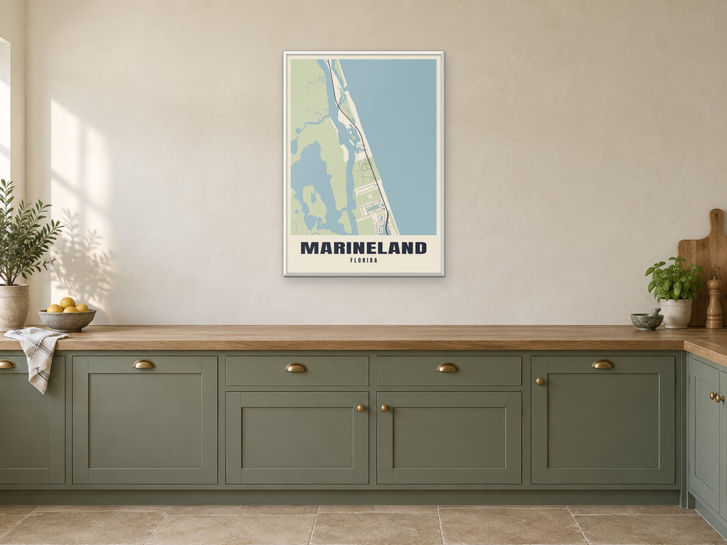 Marineland Street Map Poster at A1, in a white frame, in a kitchen