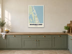 Marineland Street Map Poster at A1, in a white frame, in a kitchen