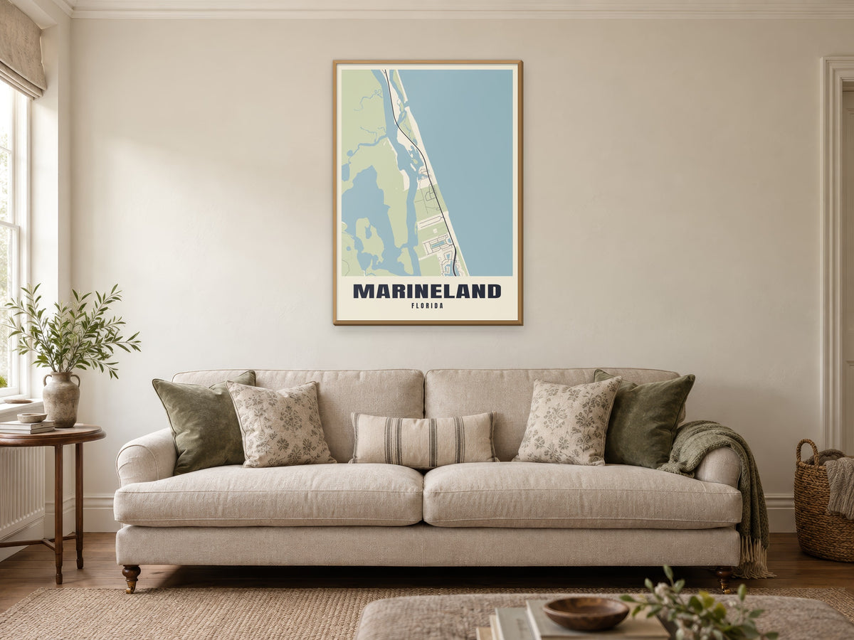 Marineland Street Map Poster at A1, in a natural wood frame, in a sitting room