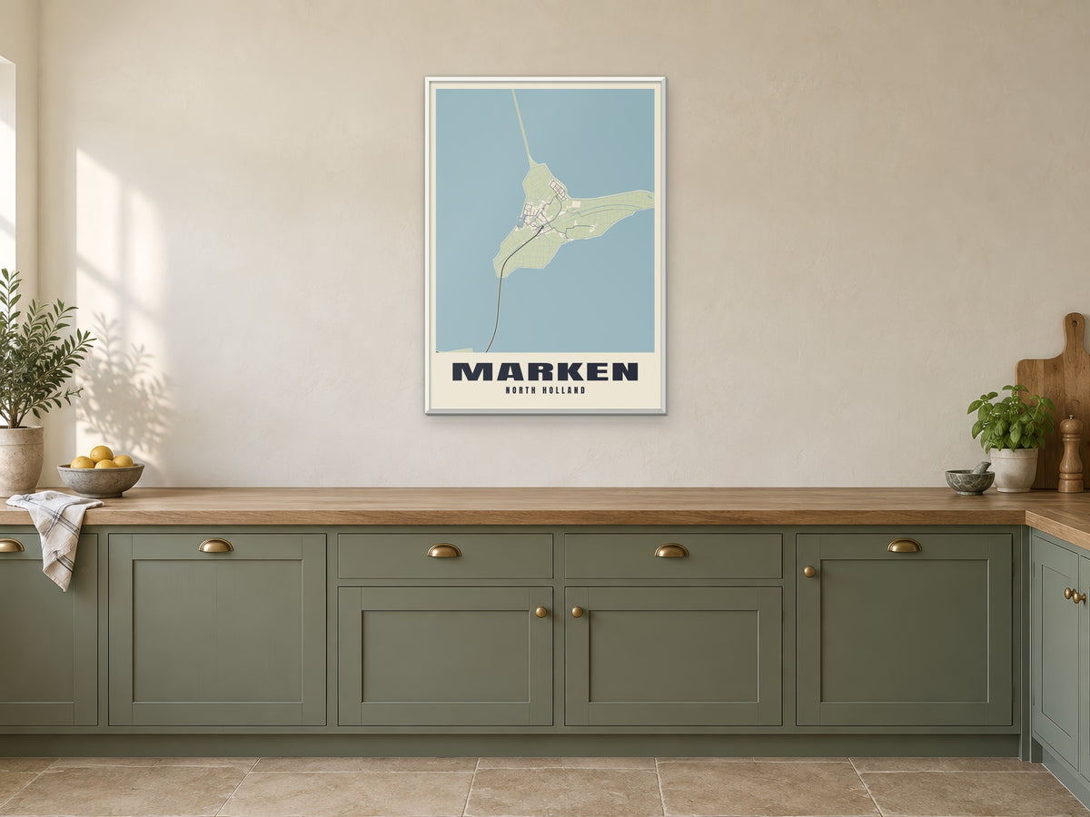 Marken Street Map Poster at A1, in a white frame, in a kitchen
