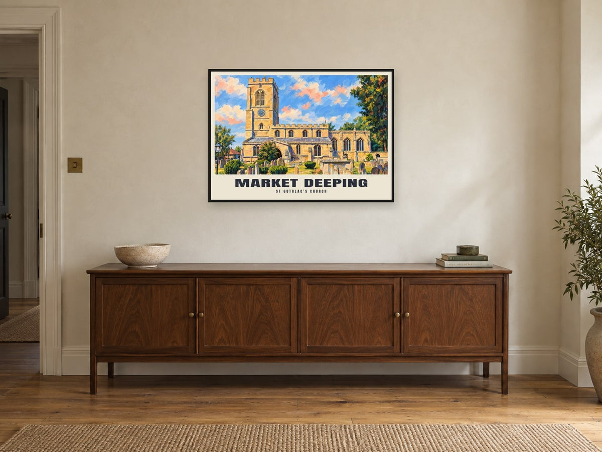 St Guthlac’s Church, Market Deeping Poster at A1, in a black frame, above a sideboard