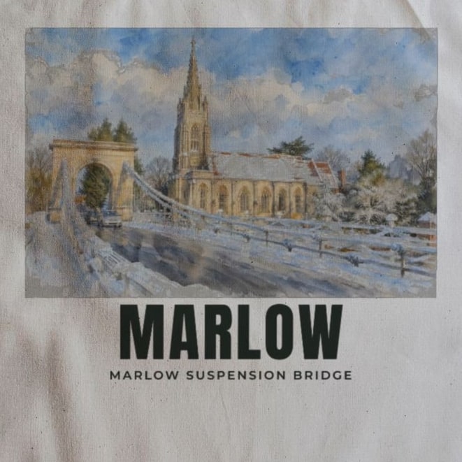 Close-up of the Marlow Suspension Bridge drawing and lettering printed on natural cotton