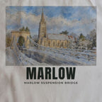 Close-up of the Marlow Suspension Bridge drawing and lettering printed on natural cotton