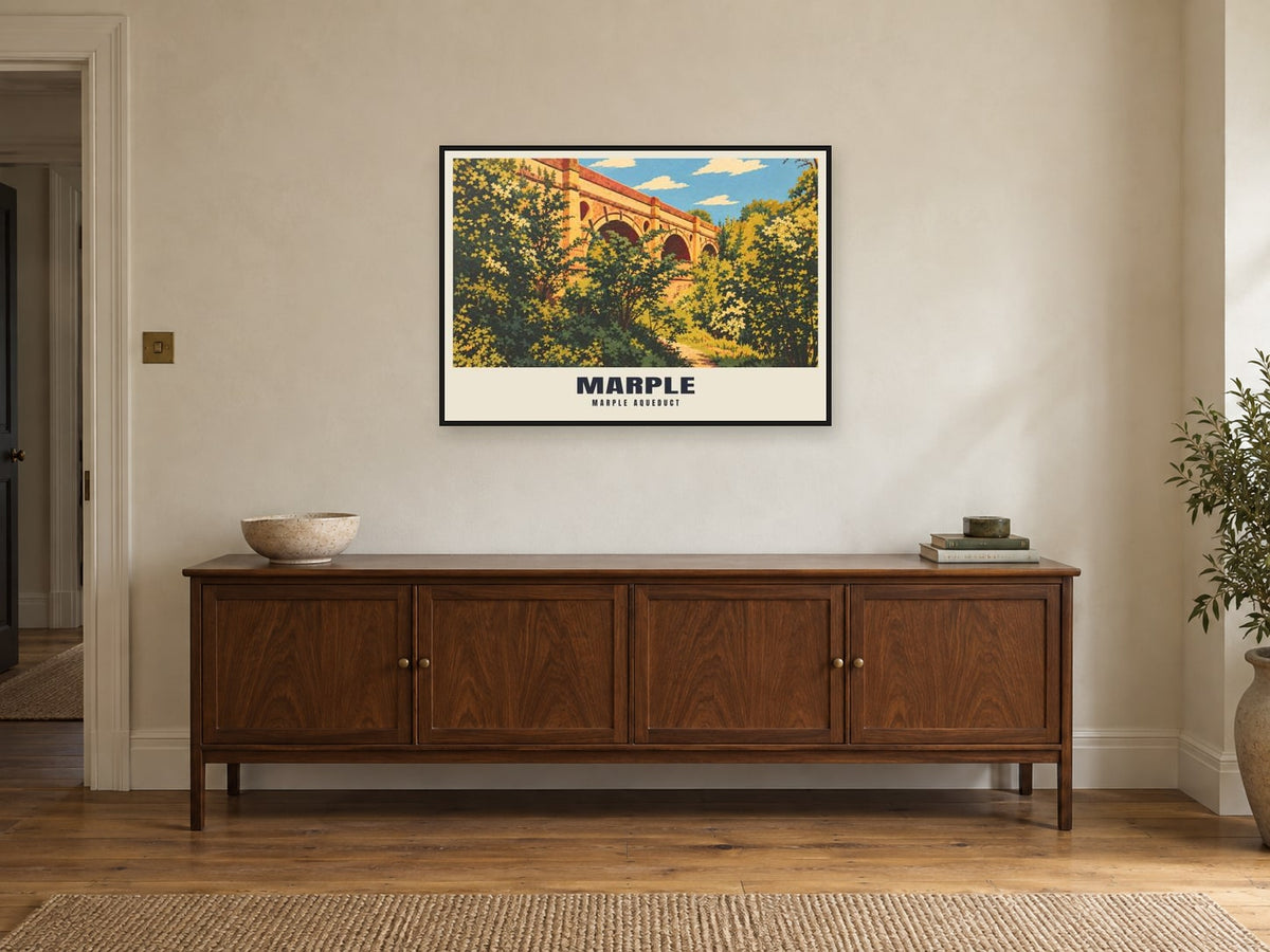 Marple Aqueduct Poster at A1, in a black frame, above a sideboard