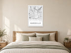 Marseille City Centre Street Map Poster at A1, as a poster, above a bed