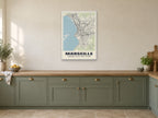 Marseille Street Map Poster at A1, in a white frame, in a kitchen