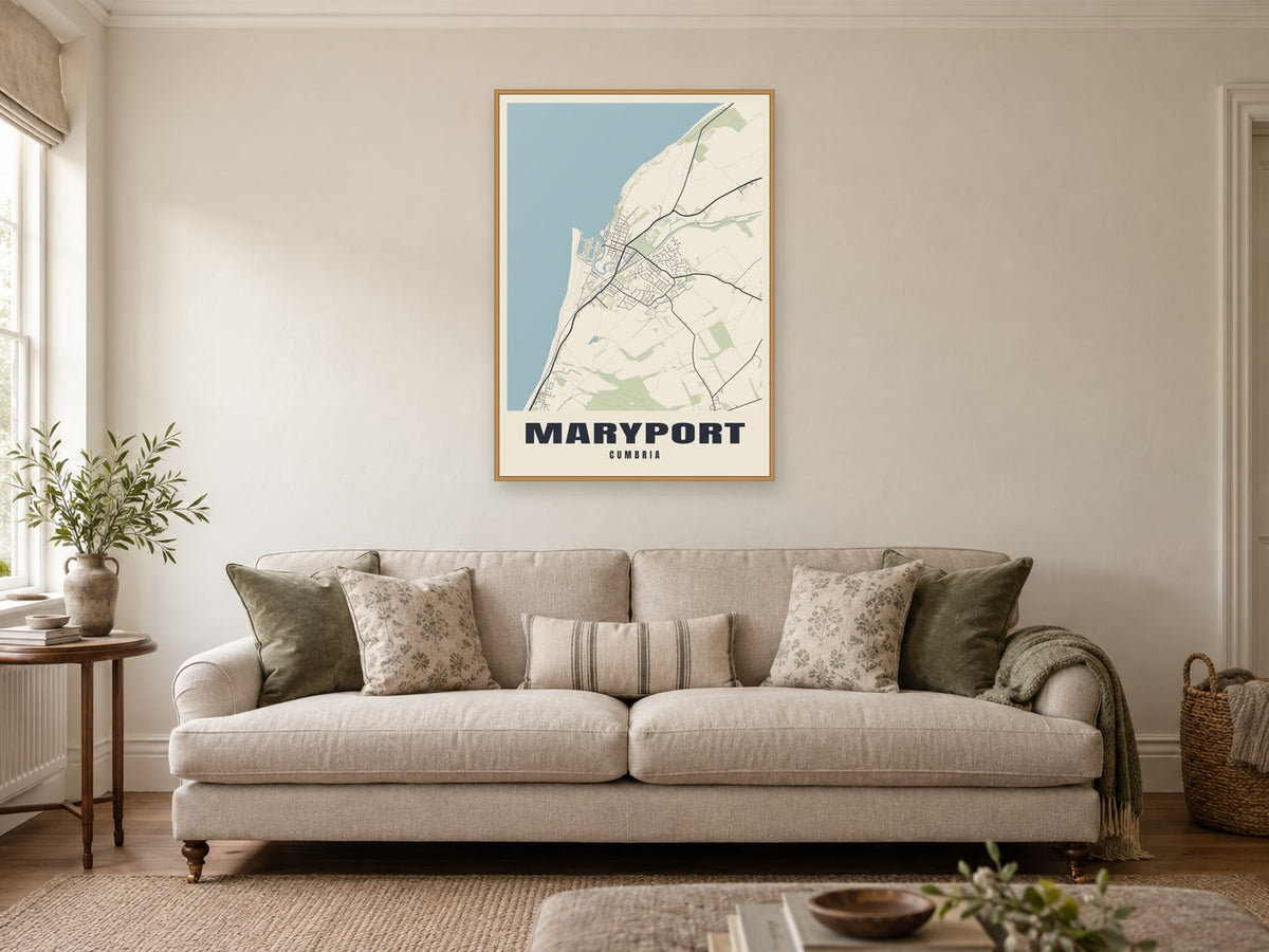 Maryport Street Map Poster at A1, in a natural wood frame, in a sitting room