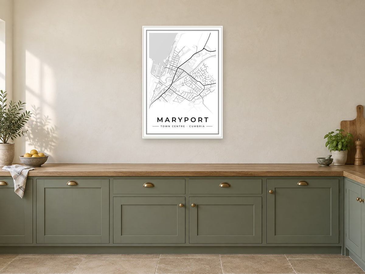 Maryport Town Centre Street Map Poster at A1, in a white frame, in a kitchen