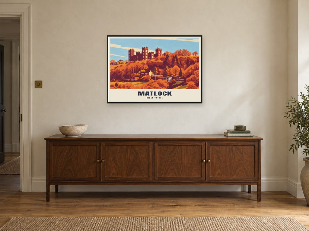 Riber Castle, Matlock Poster at A1, in a black frame, above a sideboard