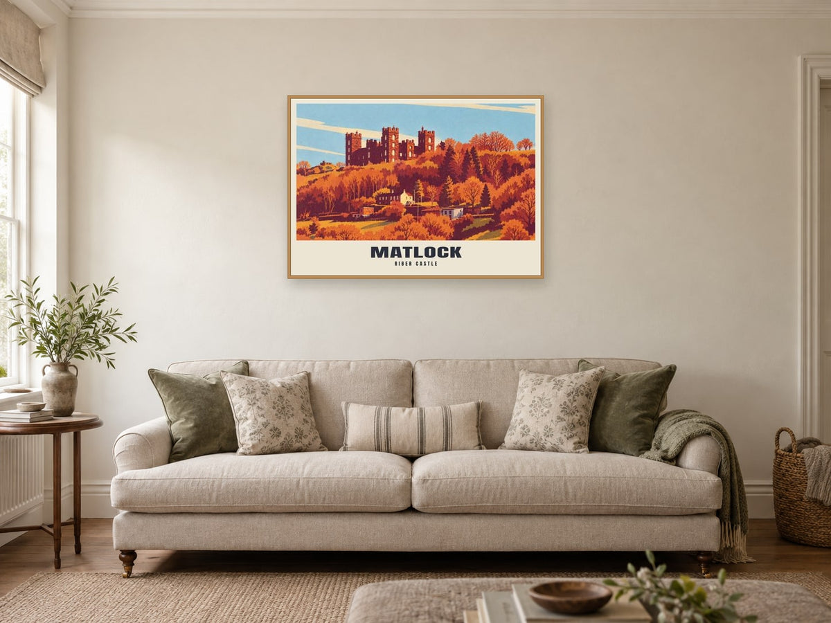Riber Castle, Matlock Poster at A1, in a natural wood frame, in a sitting room