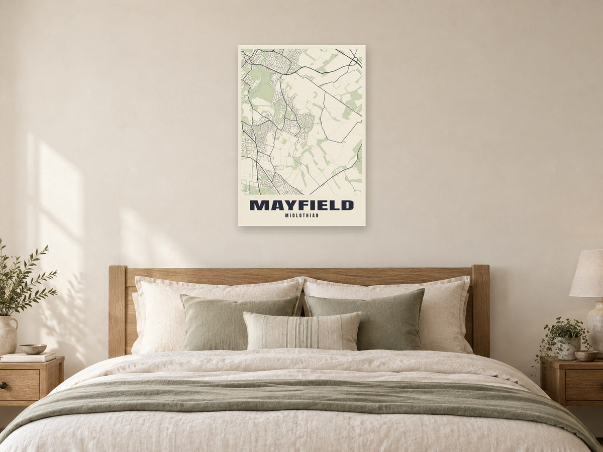 Mayfield Street Map Poster at A1, as a poster, above a bed