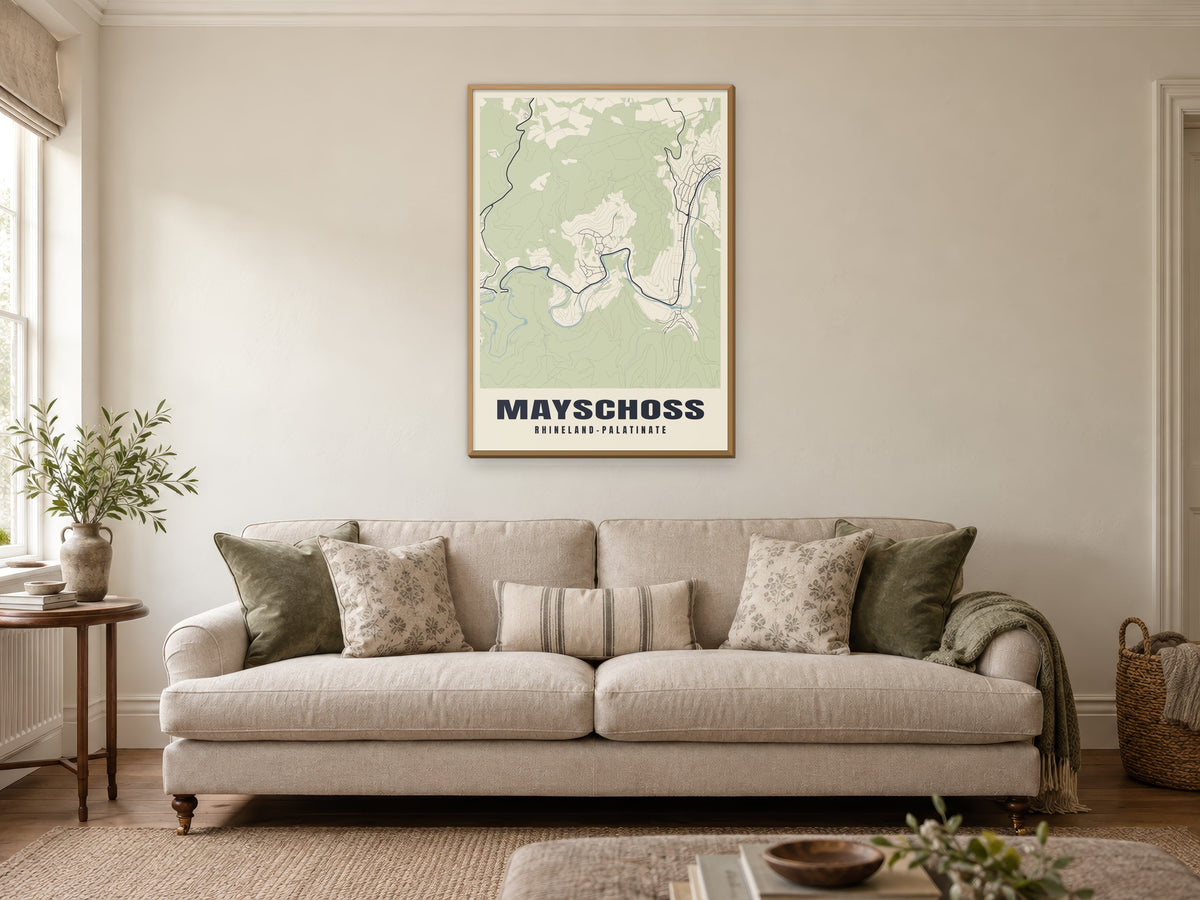 Mayschoß Street Map Poster at A1, in a natural wood frame, in a sitting room