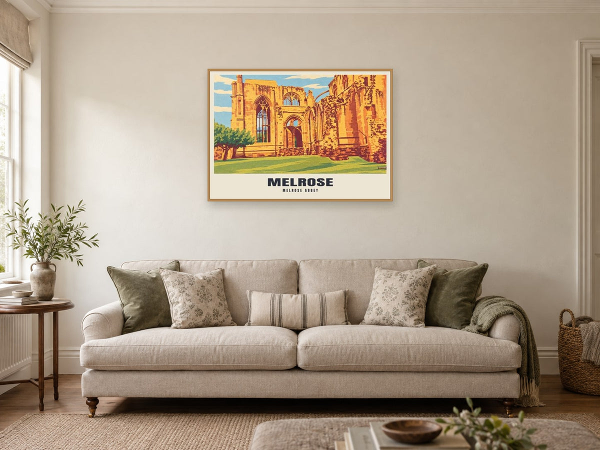 Melrose Abbey Poster at A1, in a natural wood frame, in a sitting room