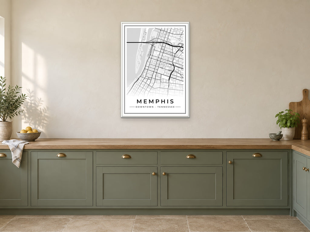 Memphis Downtown Street Map Poster at A1, in a white frame, in a kitchen