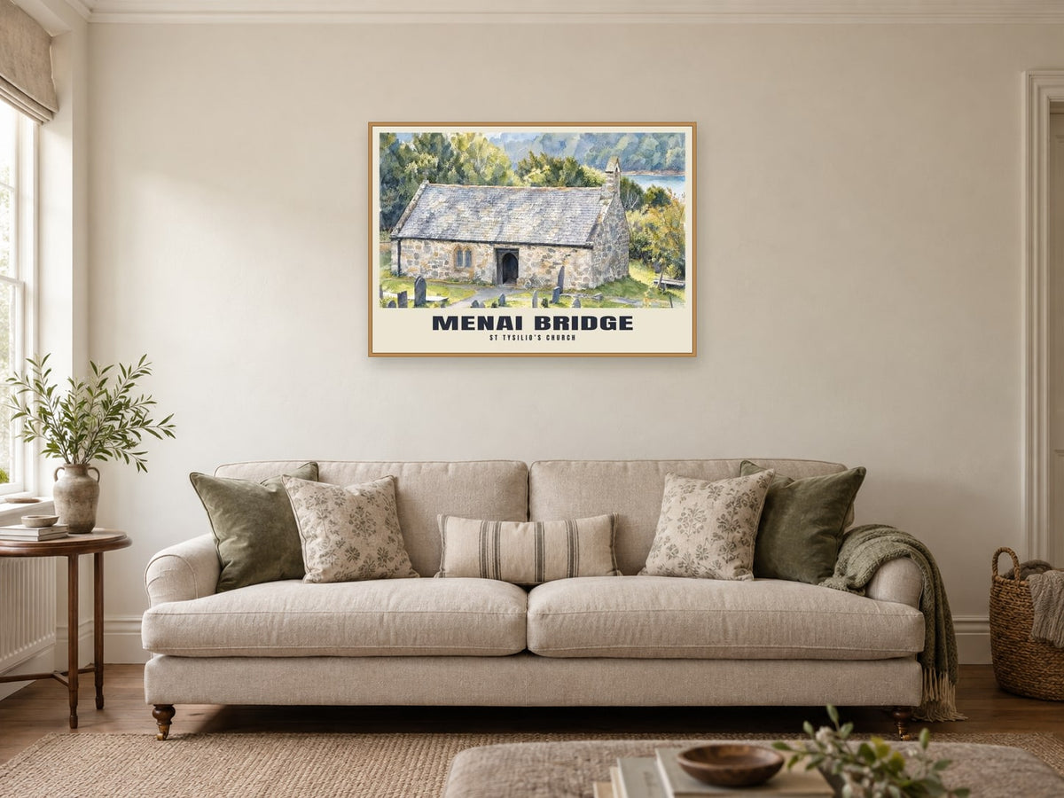 St Tysilio’s Church, Menai Bridge Poster at A1, in a natural wood frame, in a sitting room