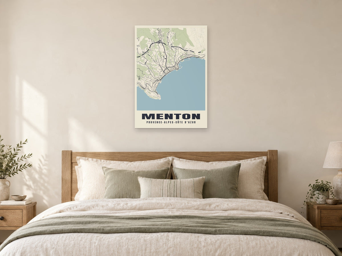 Menton Street Map Poster at A1, as a poster, above a bed