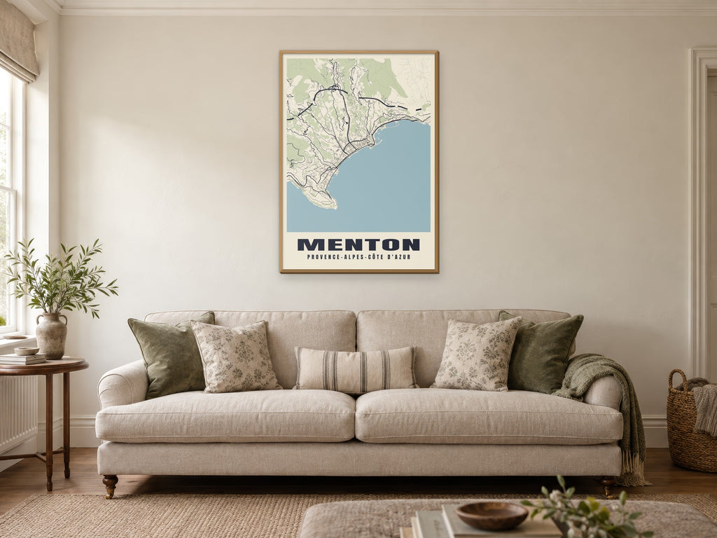 Menton Street Map Poster at A1, in a natural wood frame, in a sitting room