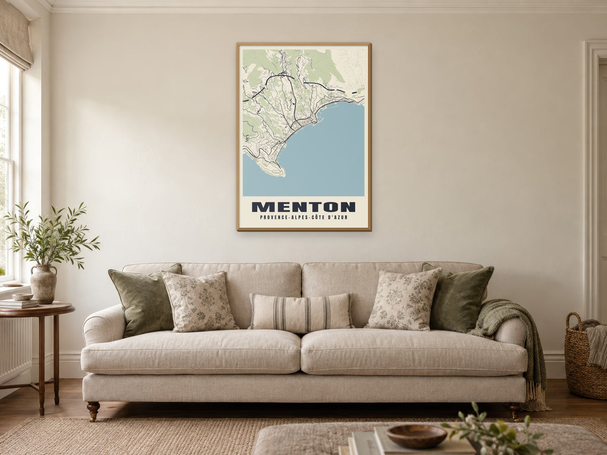 Menton Street Map Poster at A1, in a natural wood frame, in a sitting room