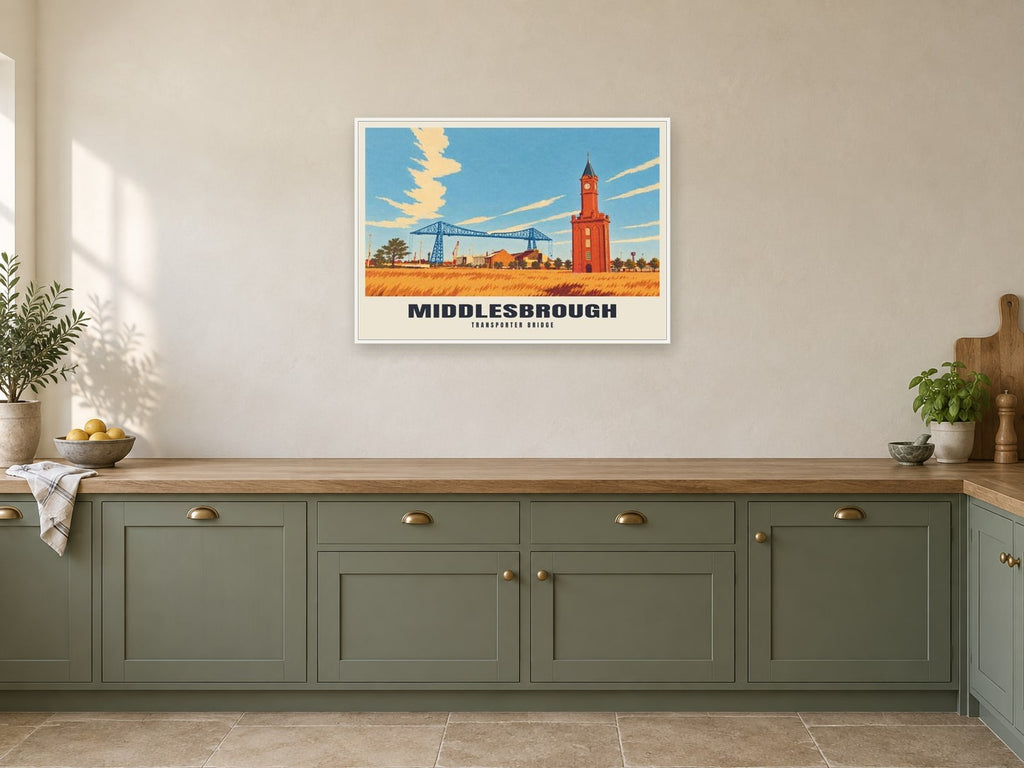 Transporter Bridge, Middlesbrough Poster at A1, in a white frame, in a kitchen