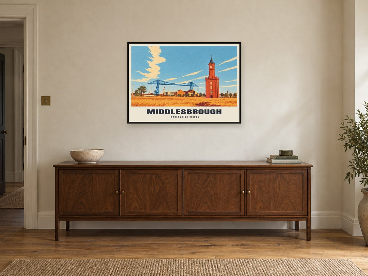 Transporter Bridge, Middlesbrough Poster at A1, in a black frame, above a sideboard