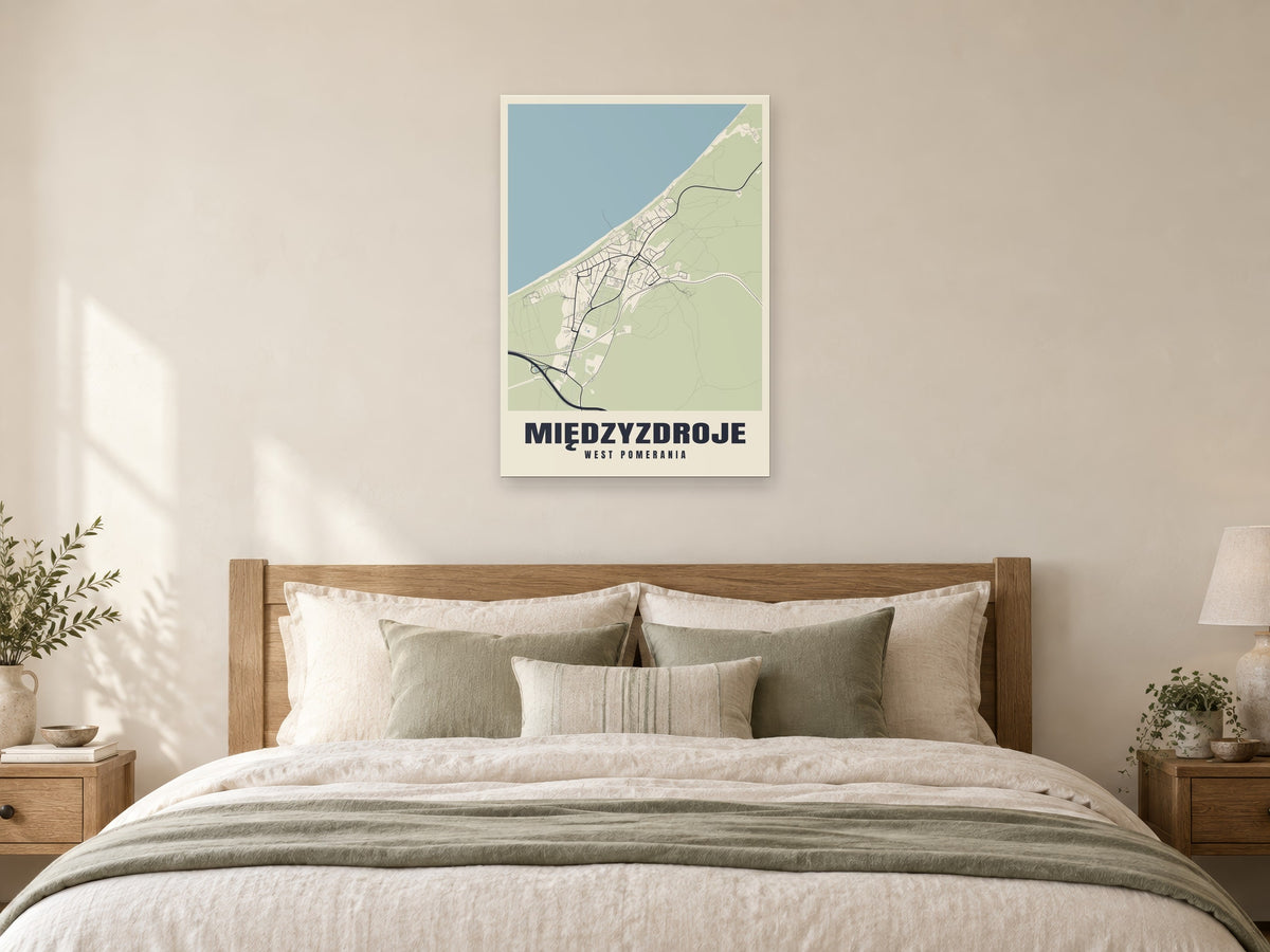 Międzyzdroje Street Map Poster at A1, as a poster, above a bed
