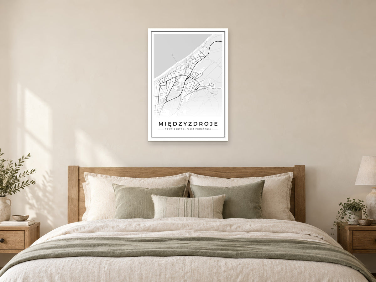 Międzyzdroje Town Centre Street Map Poster at A1, as a poster, above a bed