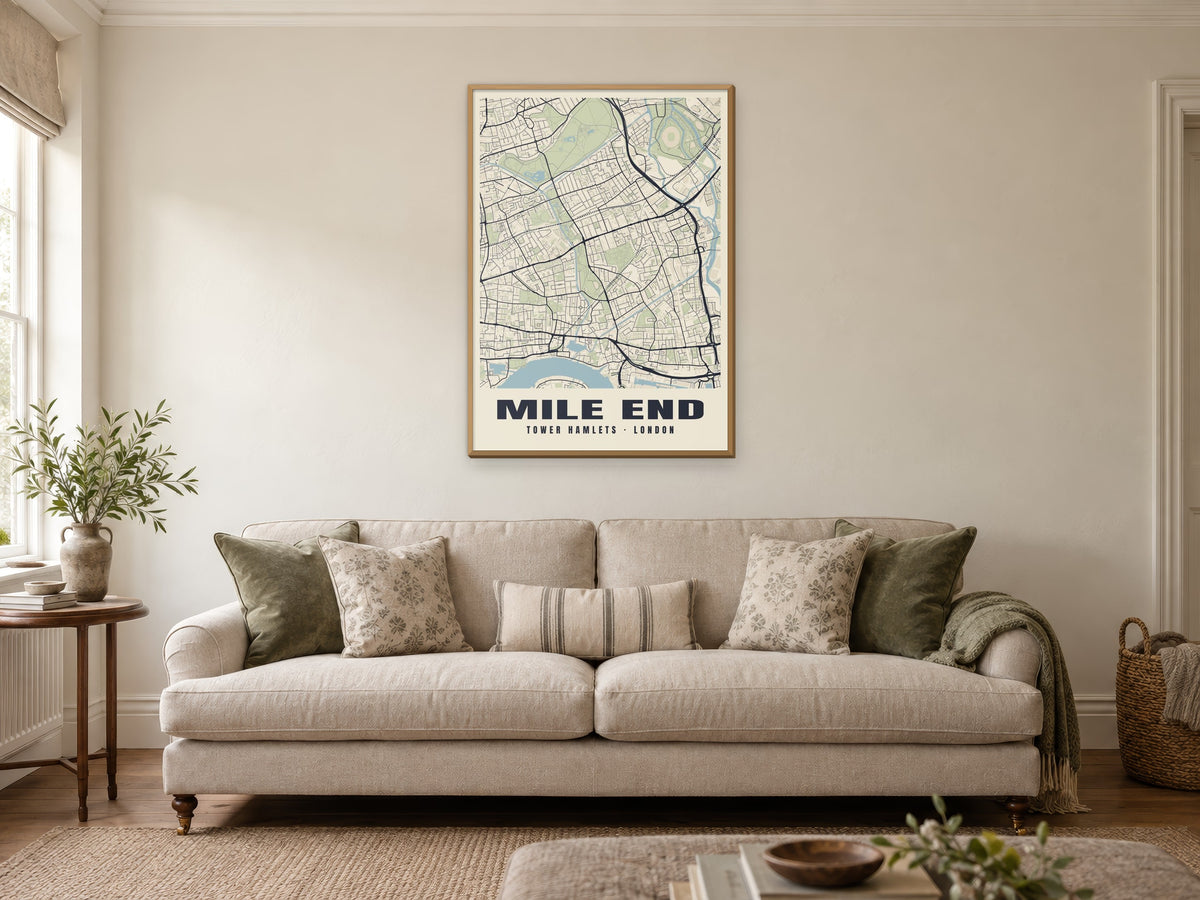 Mile End Heritage Street Map Poster at A1, in a natural wood frame, in a sitting room