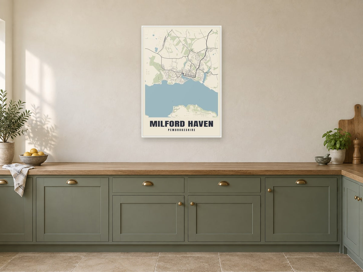 Milford Haven Street Map Poster at A1, in a white frame, in a kitchen