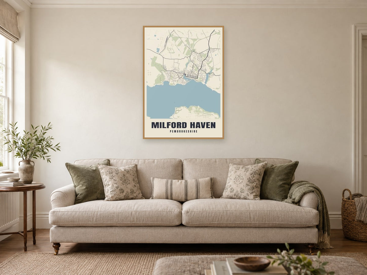 Milford Haven Street Map Poster at A1, in a natural wood frame, in a sitting room