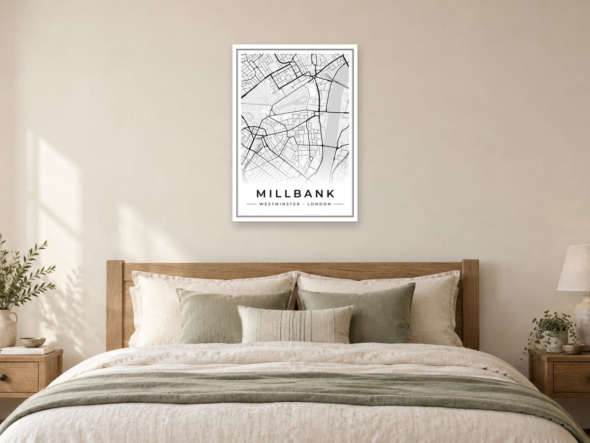 Millbank Street Map Poster at A1, as a poster, above a bed