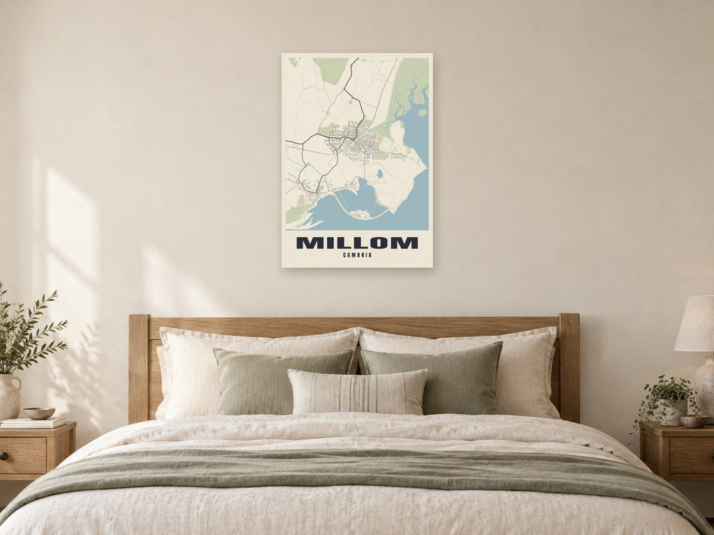 Millom Street Map Poster at A1, as a poster, above a bed