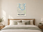 Millwall Heritage Street Map Poster at A1, as a poster, above a bed