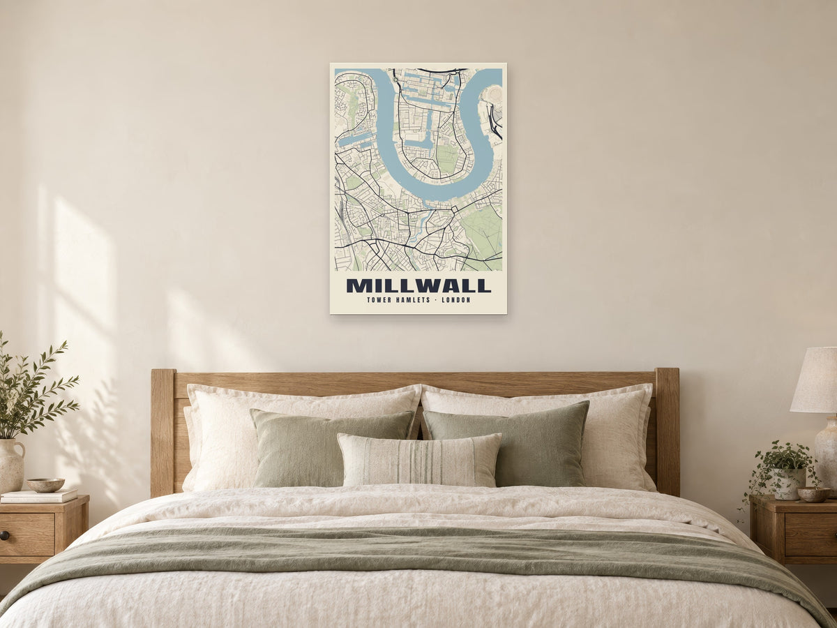 Millwall Heritage Street Map Poster at A1, as a poster, above a bed