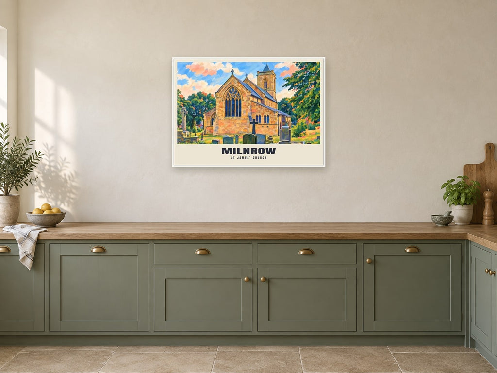 St James’ Church, Milnrow Poster at A1, in a white frame, in a kitchen