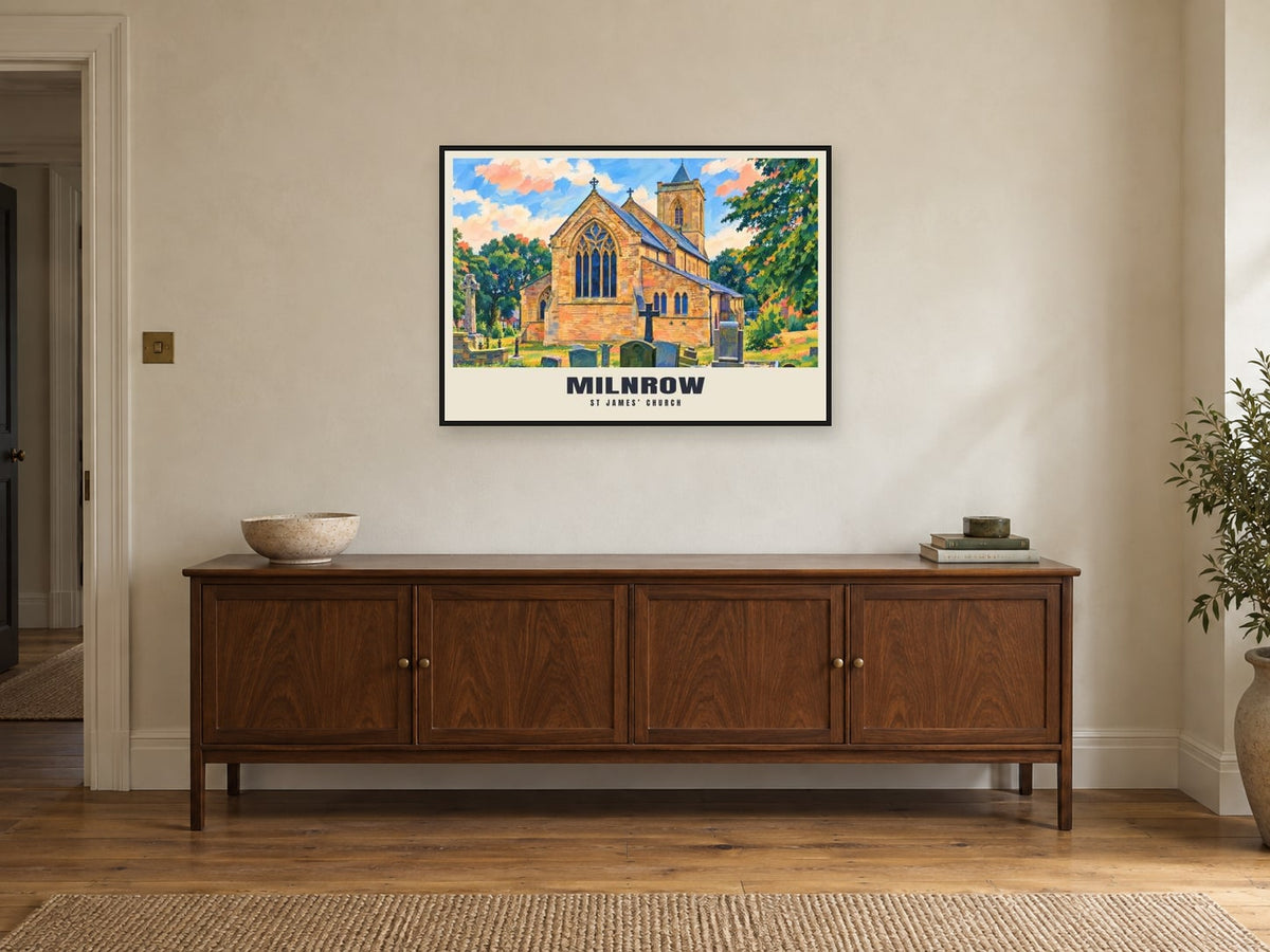 St James’ Church, Milnrow Poster at A1, in a black frame, above a sideboard